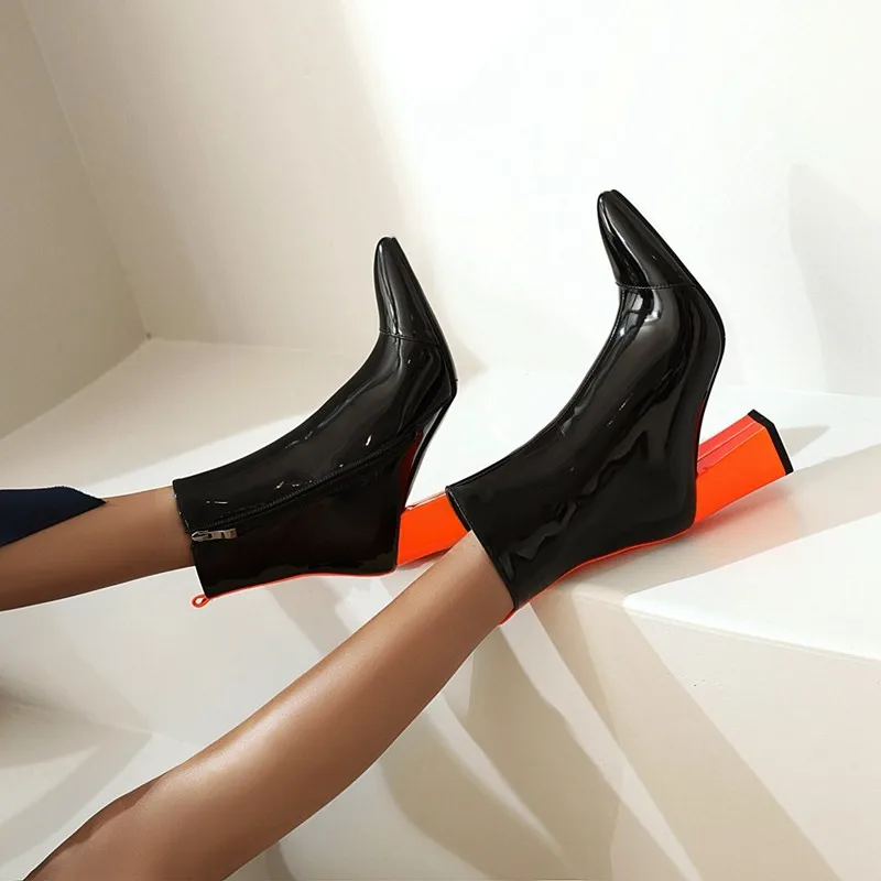 Sexy Nightclub pole dance women's shoes winter 2020 new patent leather pointed toe high heels yellow calf boots plus size 45 46