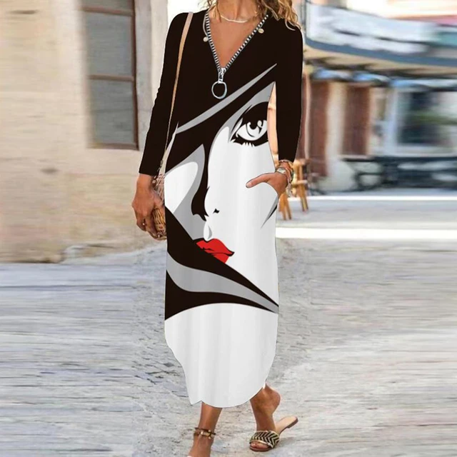 Vintage Flower Dress Women O Neck Pocket Casual Dresses For Women Loose Long Dress Plus Size Ladies Vacation Party Dress 19