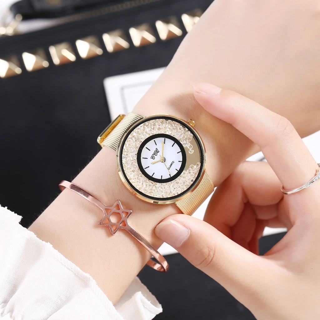 Лидер продаж модные женские часы из нержавеющей стали с сеткой и бриллиантами повседневные женские Стразы CCQ часы Прямая поставка