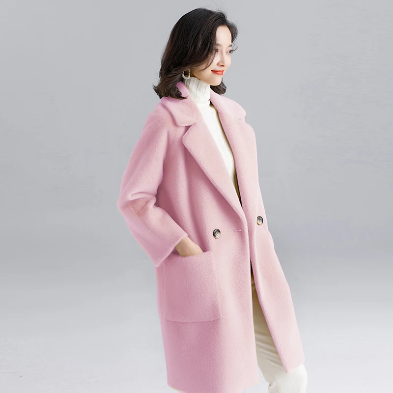 pink 1 Женское пальто из искусственного меха, женское элегантное пальто из искусственного меха норки с отложным воротником, высококачественное плотное теплое шерстяное пальто - Цвет: pink 1