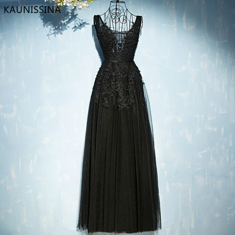 KAUNISSINA элегантное вечернее платье размера плюс с аппликацией, вечерние платья для выпускного вечера, вечерние платья с v-образным вырезом, настоящая фотография, Vestido 14 размера s - Цвет: Black 1