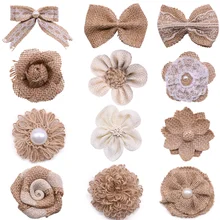 5 uds flores artificiales jute Hessian natural Rosa arpillera BowKnot mano DIY manualidades suministros Vintage boda fiesta Decoración de casa