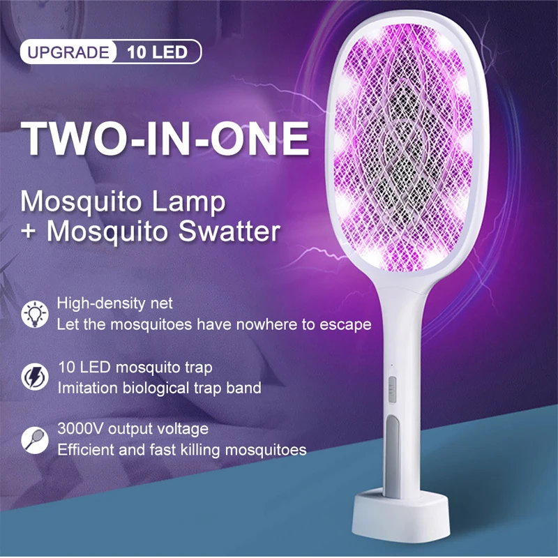 2 in 1 3000V 10 LED Trap Mosquito Killer Lamp Electric Bug Zapper USB Rechargeable Fly Swatter Trap Flies Insect Indoor Outdoor