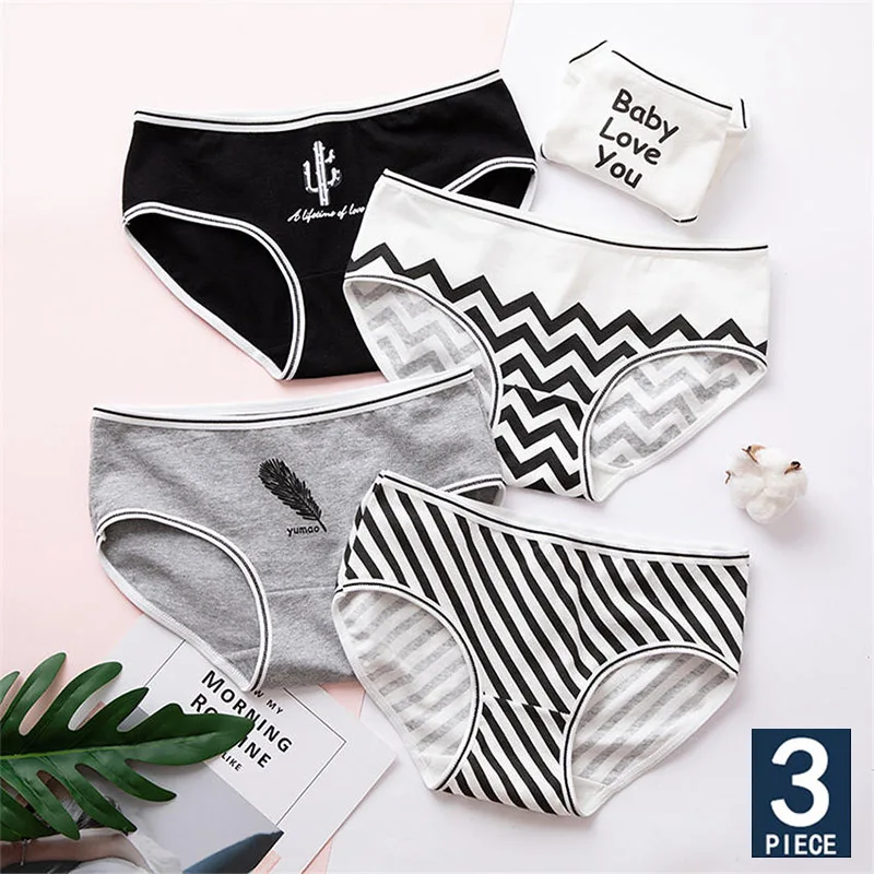 3PCS/Set Cartoon Printing Cotton Panties Women Striped Underwear Female Girl Briefs Sexy Lingerie Ladies Underpants Woman Panty
