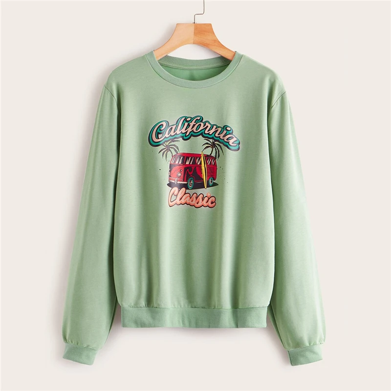 SHEIN Green Letter And Car Print Casual Sweatshirt Pullover Tops Women Autumn Long Sleeve Basic Ladies Fashion Sweatshirts