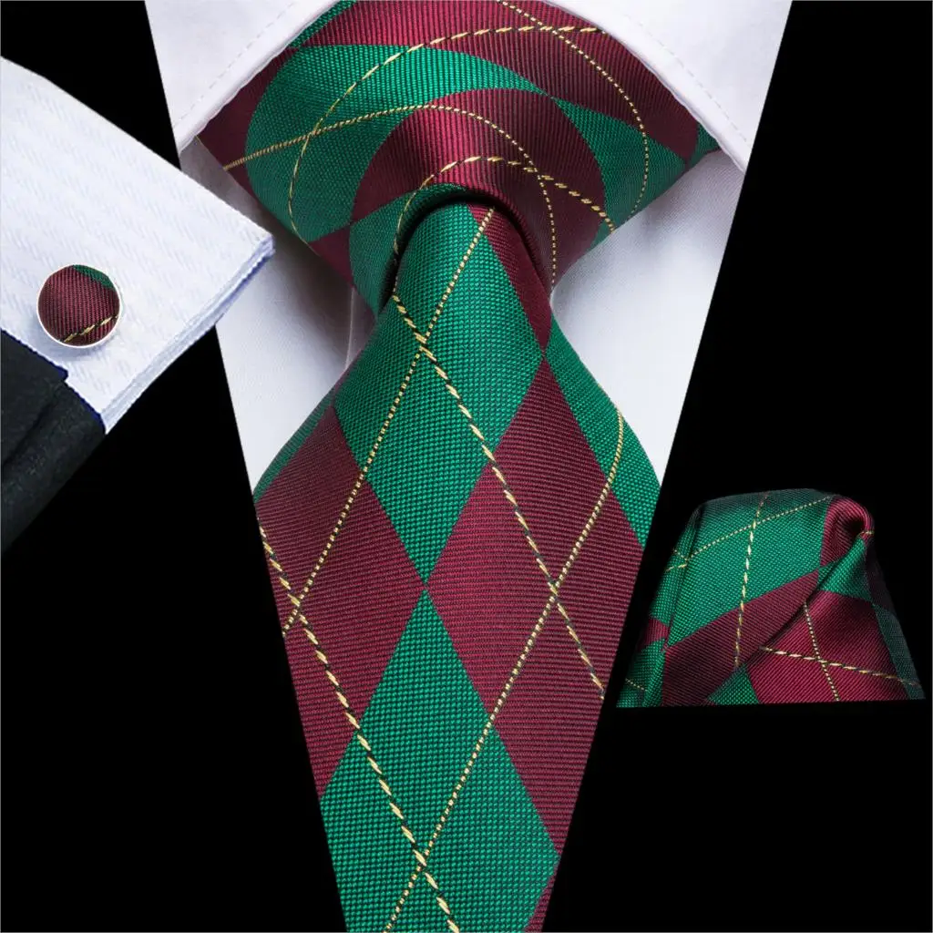 C-3283 Hi-Tie Dropshipping Christmas Ties for Men Fashion Design Red Green Plaid Tie Necktie Hanky Cufflinks Set Mens Silk | Аксессуары