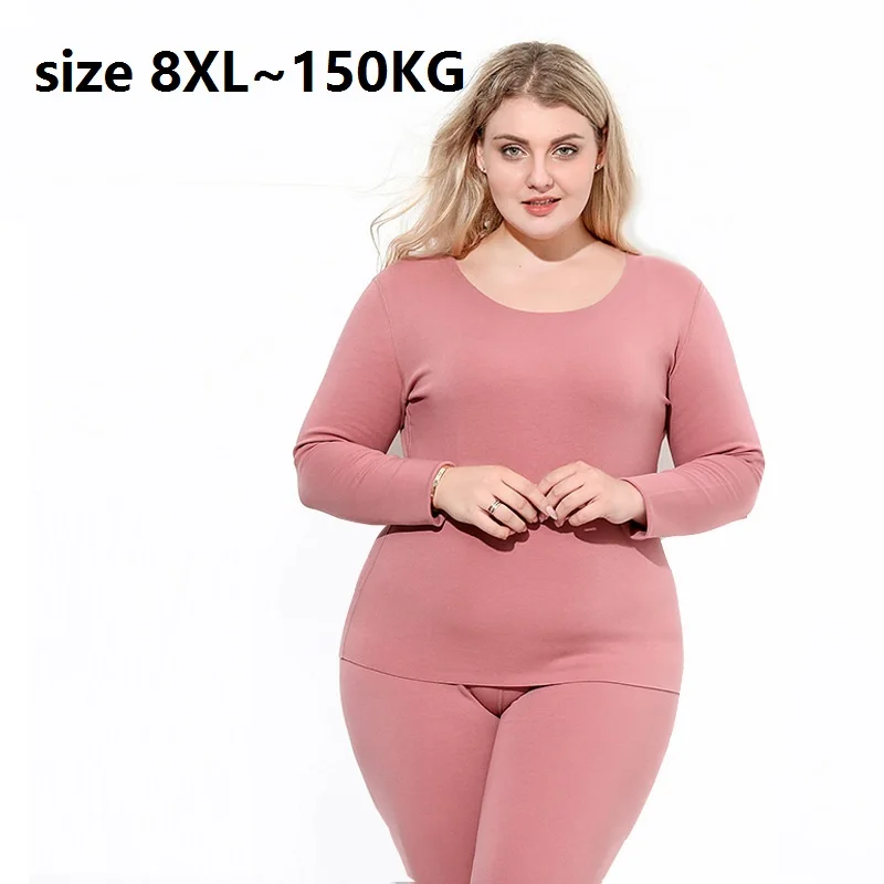 Plus Size 8XL 150kg 2 Piece/Set Winter Fleece Thermal Underwear Women Long Johns Sets O Neck Warm Women Home Wear