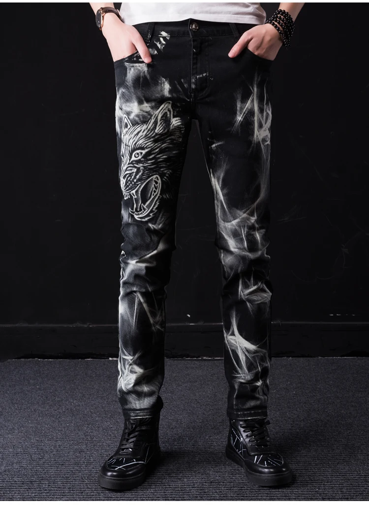 Мужские черные джинсы-карандаш в европейском стиле с принтом в стиле рок, размер 28-38