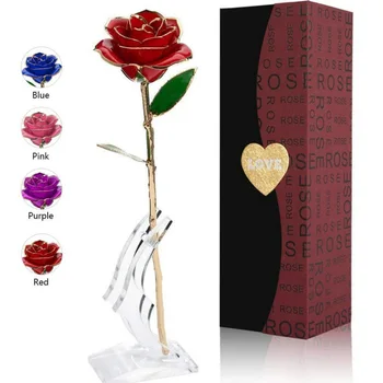 

24K Gold Foil Rose Permanent Flower With Bracket Gift for Valentine's Day Mother's Day Anniversary Birthday Party Decor NEW
