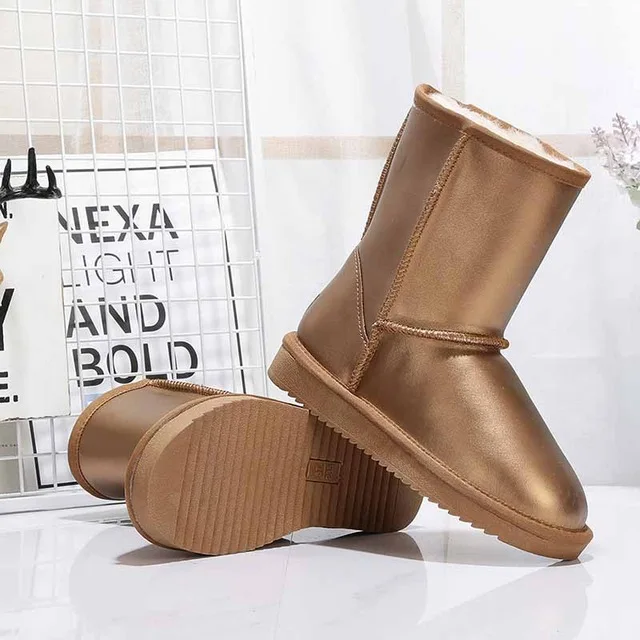 MIYAGINA/Новые модные женские зимние ботинки; женские ботинки из натуральной кожи; натуральный мех; теплая шерстяная зимняя обувь; - Цвет: Golden