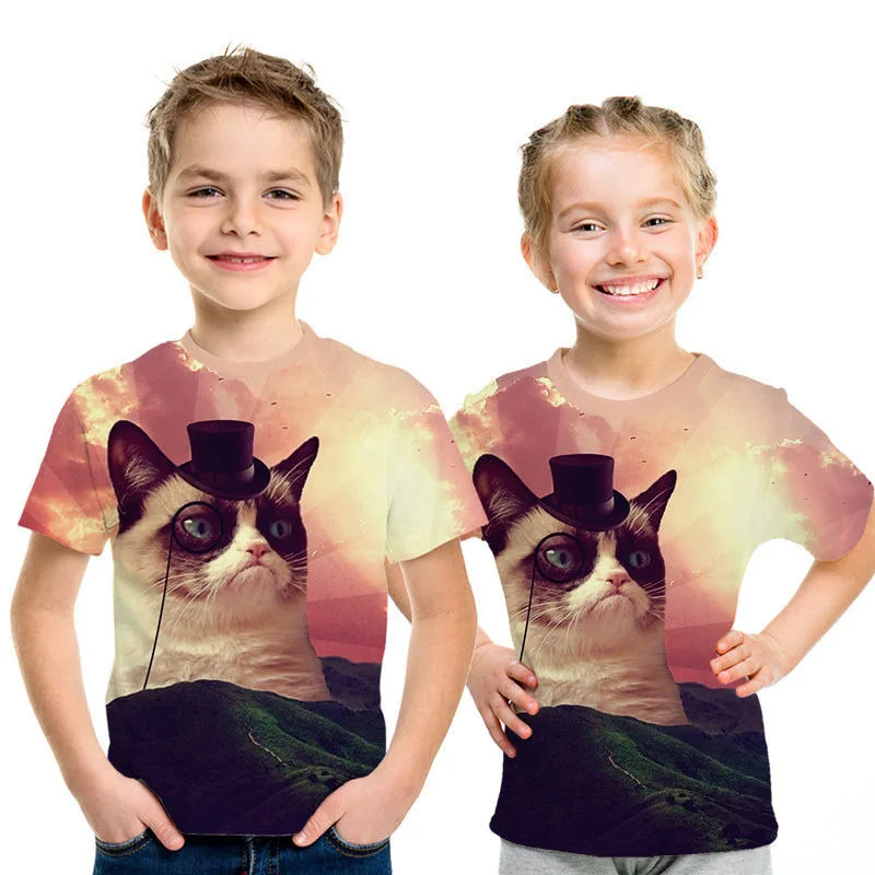 Вечерние топы для маленьких девочек с рисунком кота, летние футболки с короткими рукавами для мальчиков и девочек, Повседневная футболка, одежда для малышей 3, 4, 5, 6, 7, 8 лет - Цвет: picture color