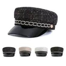 Женская винтажная темно-синяя шапка-берет с цепочкой и узорами, с принтом, с плоским верхом, с козырьком Newsboy, остроконечная шляпа