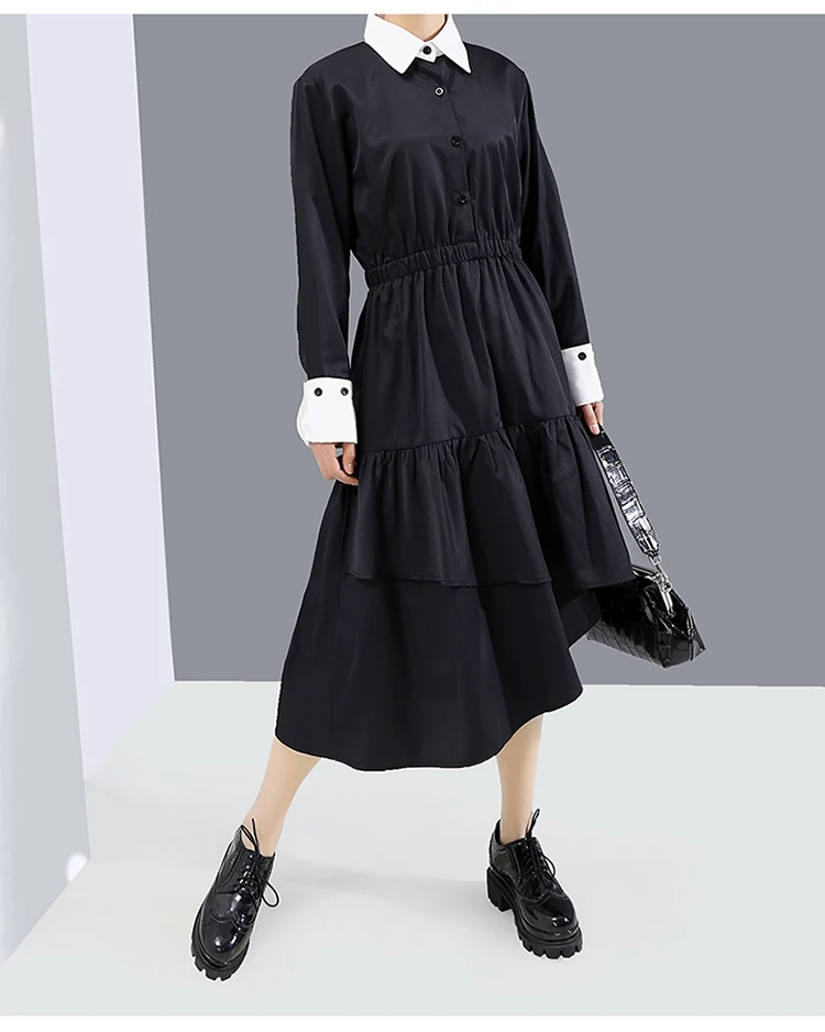 black pleated shirt dress