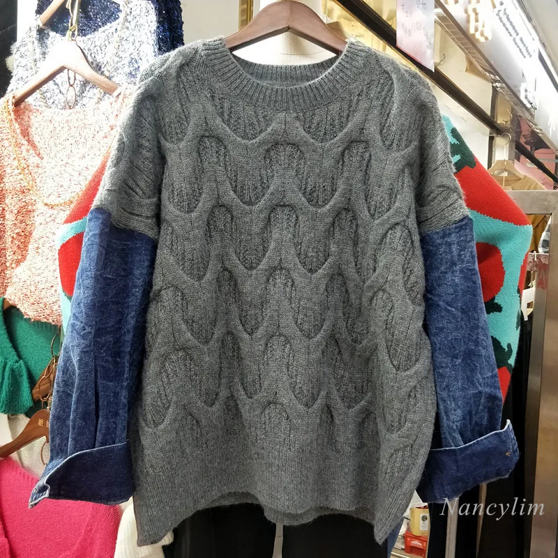 

Spring Autumn New Korean Flower Twist Woven Knit Patch Denim Sleeve Pullover Sweater Women Lady Casual Loose Jumper Top