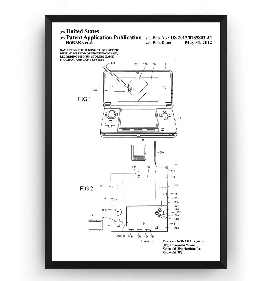 Vintage Nintendo 3DS 2012 Patent Gaming Gamer Blueprint Poster Canvas Painting Print Wall D cor Living