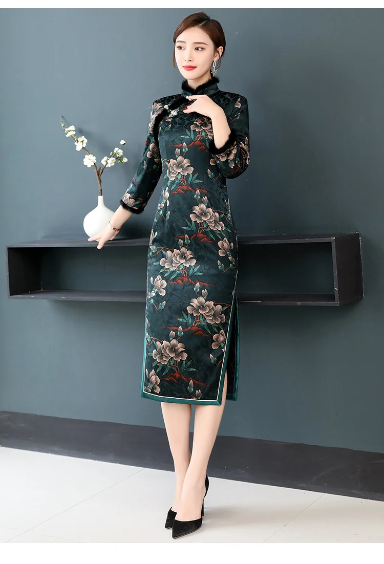 Винтажное хлопковое теплое китайское женское жаккардовое платье cheongsam Осень и зима Новинка