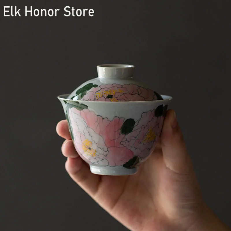 

150ML Pure Hand-painted Peony Flower Ceramic Tea Tureen Covered Bowl Single Tea Bowl Household Kung Fu Tea Maker Gaiwan Tea Item