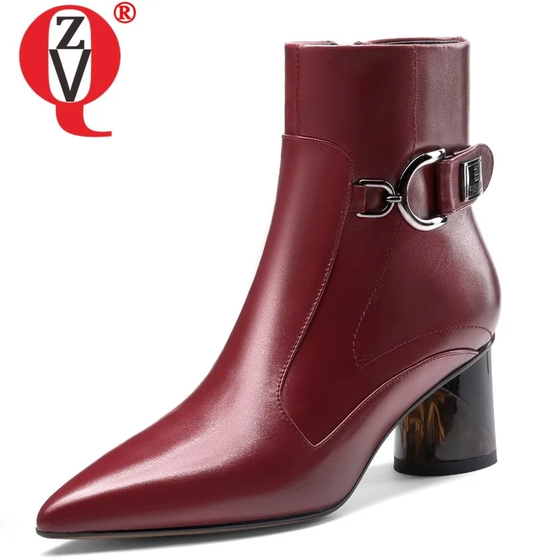 

ZVQ autumn new fashion work ankle boots outside high heels pointed toe zip plus size genuine leather women shoes drop shipping