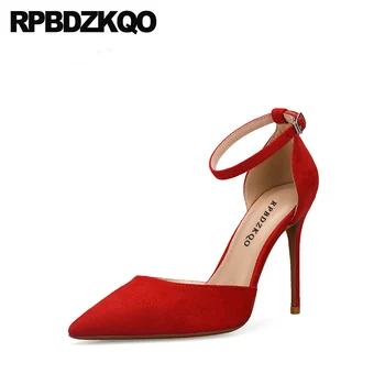 

10 42 3 Inch Big Size Bridal Shoes Wedding Ankle Strap Chic Pointed Toe Bride Sandals Suede High Heels Stiletto Pumps Ladies Red