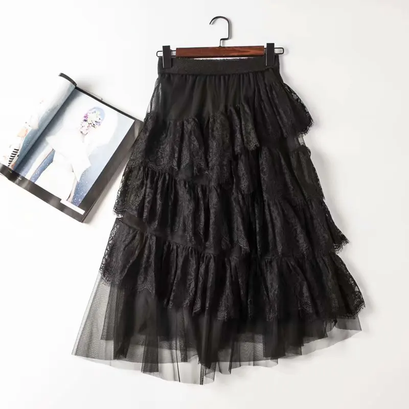 

2019 Autumn And Winter New Style Western Style Elastic Waist Joint Lace Laminated Mid-length Skirt