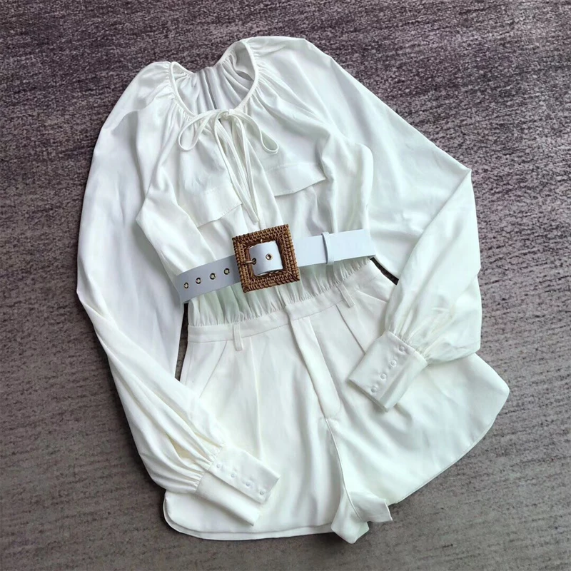 New Arrival High Quality Loose Solid Women Long Sleeve Playsuit High Waist Short Romper 2019 Fashion Female Jumpsuit with Sash