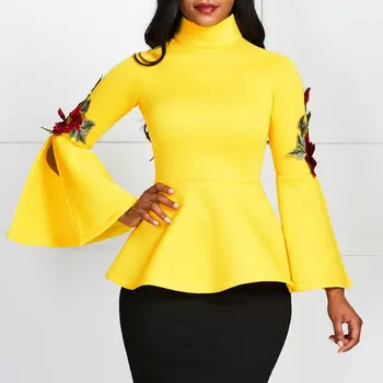 

Women Blouse Yellow Tops Shirts Flare Long Sleeve Slim Party Wear Summer Modest New Fashion Elegant Lady Blouse Drop Shipping