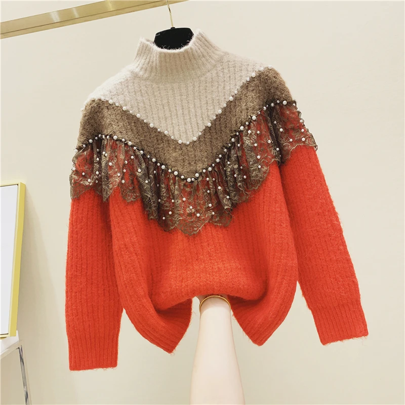 

Turtleneck Mesh Panel Sweater Women's Winter Loose Sweaters Pullovers Autumn and Winter New Women's Sweater Knitwear Jumper