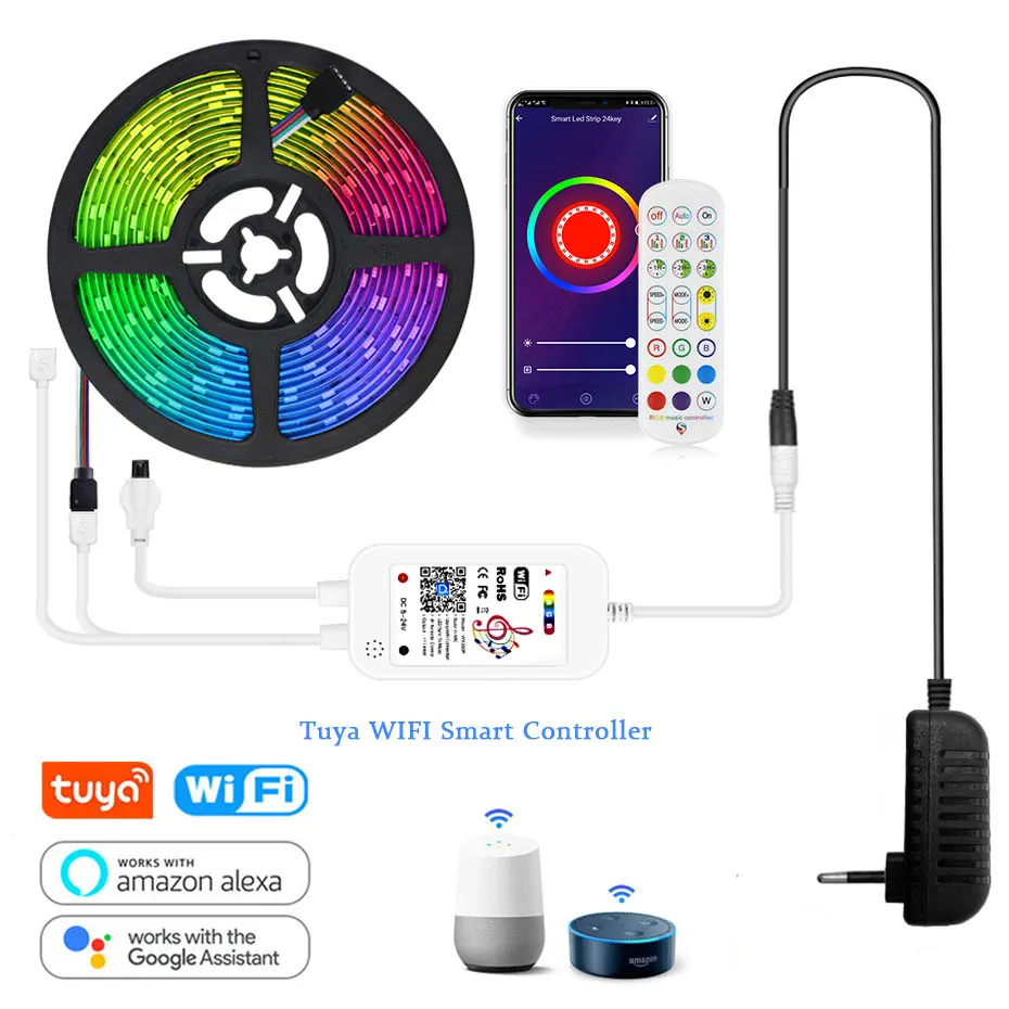 Tuya Smart LED Strip 12V Flexible Lamp Tape Waterproof RGB 5050 SMD 24Key Controller Wifi Remote Control for Bedroom Decoration | Лампы и