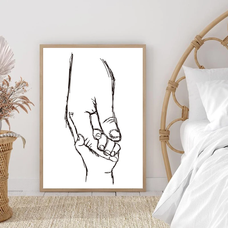 

Hands Line Sketch Drawing Art Prints Nursery Wall Decor, Mom Baby Hands Minimalist Canvas Painting Nordic Poster for Kids Room