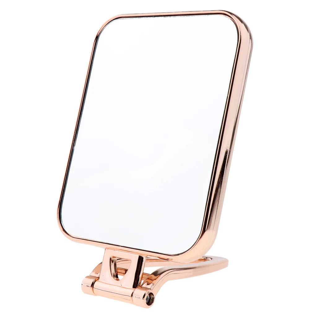 Vanity Makeup Mirror,Non-Magnifying,Round ,Free-standing,Folding Handle,Rectangle,Silver-plated Plastic Frame