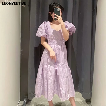 

2020 new fashion brand beach girl women Dress A-line Casual Summer Lantern Sleeve Square Collar Short Solid Natural