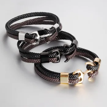 

Vintage Braided Men's Leather Rope Bracelet Stainless Steel Anchor Accessory Bracelet Three Colors Optional Couple Bracelet