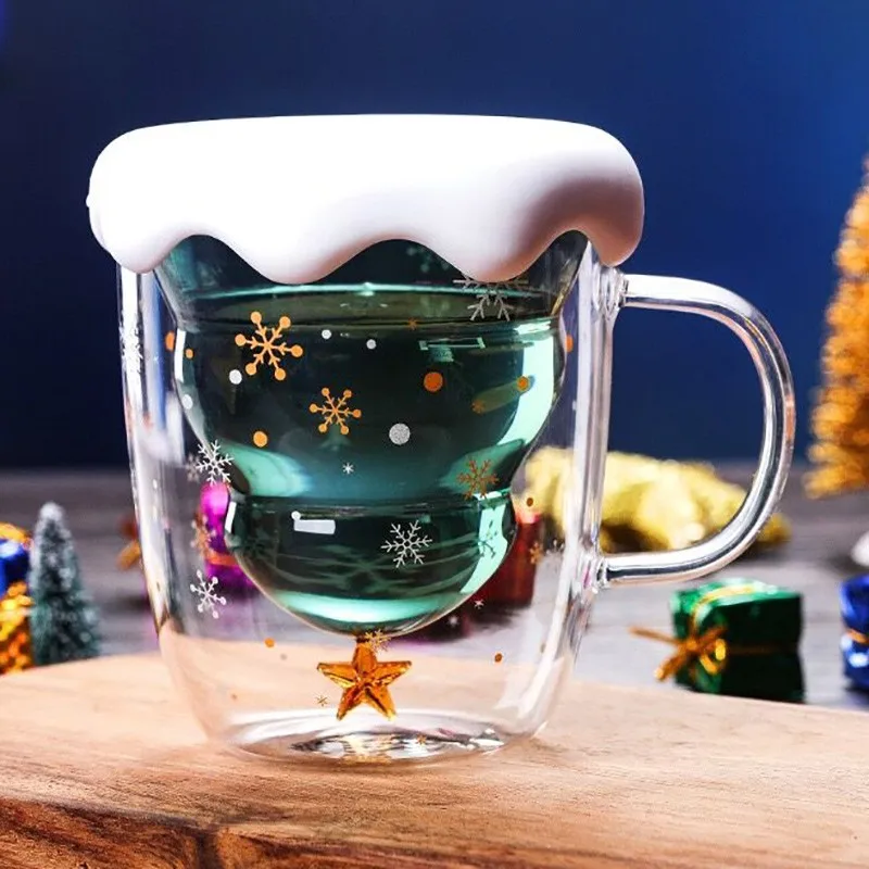 

300ml Star Wishing Cup Creative Christmas Tree Cup Double Glass Tea Cup Office Mark Coffee Cup Custom