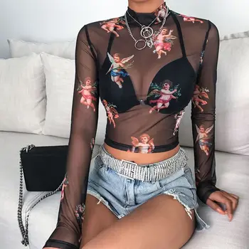

WoMans WoMans Summer Long Sleeves Mock Neck Crop Top Romantic Colored Angel Cupid Printed T-Shirt See Through Mesh Party Club 4