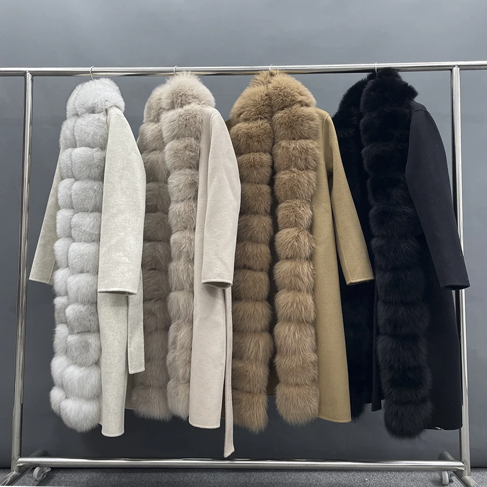 MISSJANEFUR Cashmere Wool Coat With Belt Women Korean Fashion Luxury Real Fox Fur Trim Long Wool Trench Coat Winter