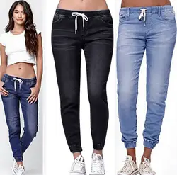 Женские летние брюки эластичные плюс свободные джинсовые повседневные джинсы на шнурке плюс укороченные джинсы новые m806