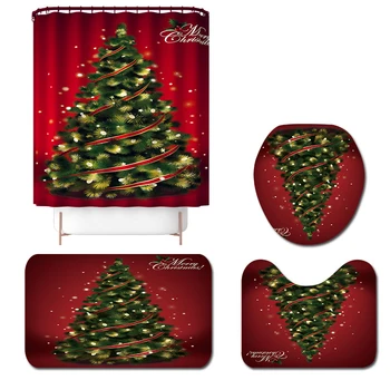 

NEW Merry Christmas Shower Curtain / Non-Slip Rug/ Toilet Lid Cover/ Bath Mat Xmas Tree Pattern for Christmas Decoration