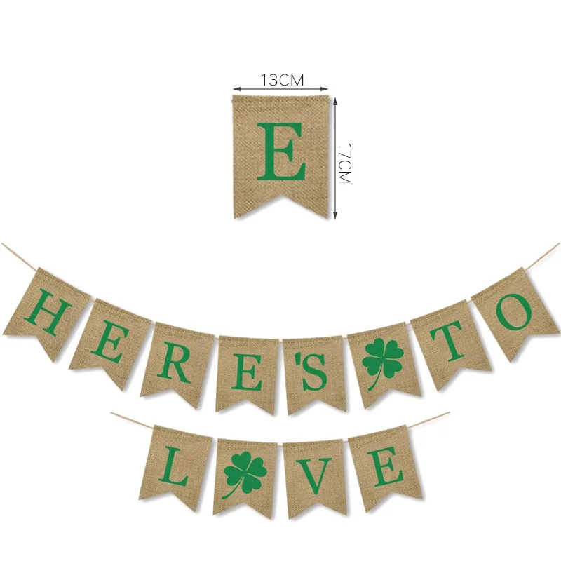 

G HERE'S TO LOVE St. Patrick's Day Burlap Banner Hanging Decorations Four Leaf Clovers Shamrock Bunting Garland Flags