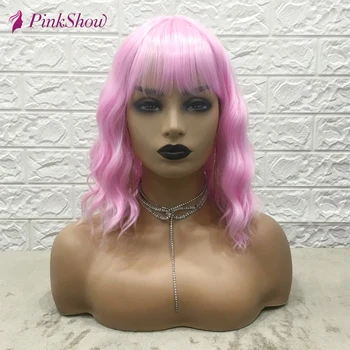 

PINKSHOW Short Wig Pink Synthetic Wigs with Bangs Deep Wave Wigs For Women Heat Resistant Fiber Cosplay Wig