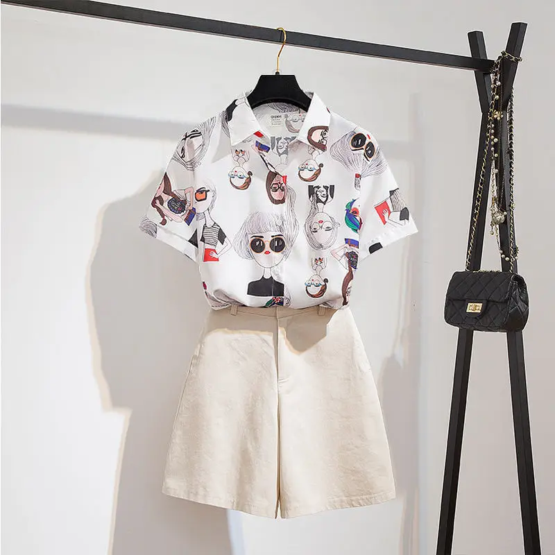 Big Size 40-200kg Fashion Cartoon Print Shirt Shorts Set for Women Summer Leisure Cozy Two-piece Clothing Sets Girl Short Sleeve