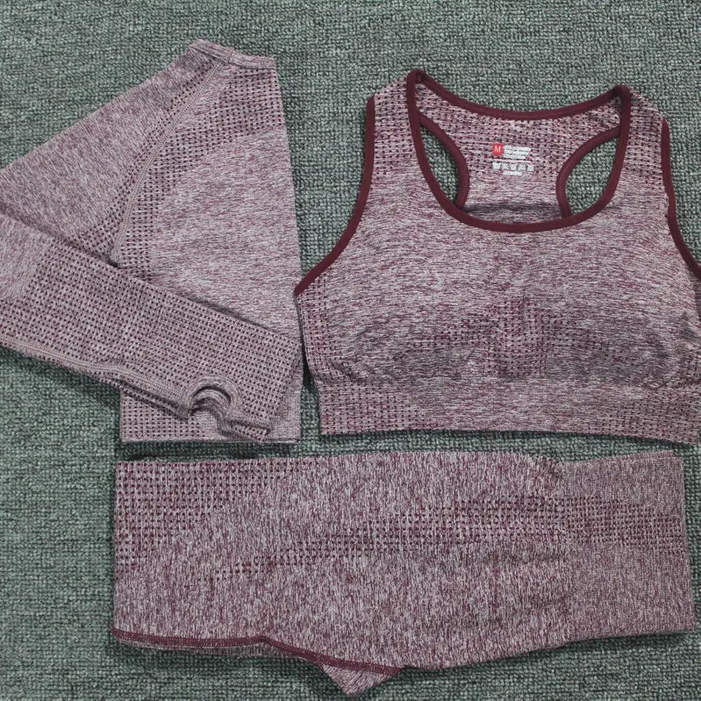 3PCS Yoga Set Vital Seamless Leggings Sports Bra+Long Sleeve Crop Top+Women Running Gym Leggings High Waist Fitness Sports Suit - Color: Wine Red