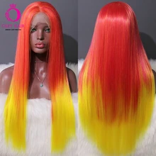 OLEY, бесклеевая часть, синтетический парик на кружеве, косплей, Длинные прямые, Омбре, оранжевый парик, жаропрочные парики для черных женщин