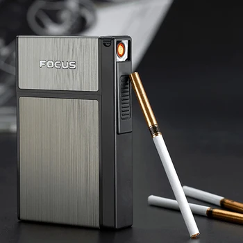 

20PCS Capacity Cigarette Case Box for Slim Cigarette Replaceable tungsten wire with USB Electronic Lighter Metal Waterproof