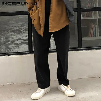 

INCERUN Korean Men Solid Corduroy Fashion Pants Social Casual Mens Stretch Elastic Trousers Joggers Streetwear Baggy Sweatpants