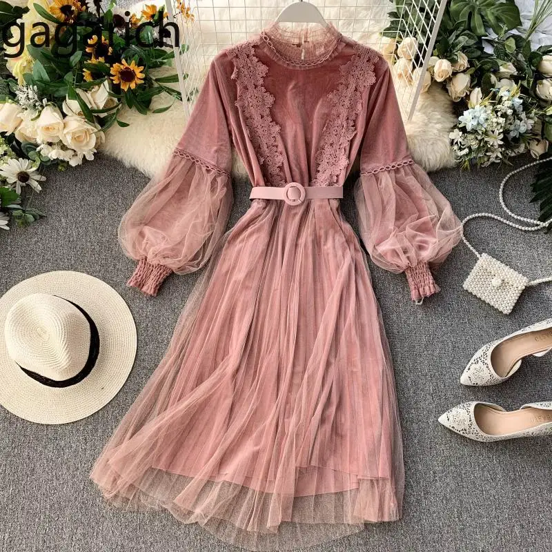

Gagarich Women Dress 2019 Elegant Velvet Lace Stitching Collar High Waist Retro Lantern Long Sleeve Ladies Dresses Vestidos