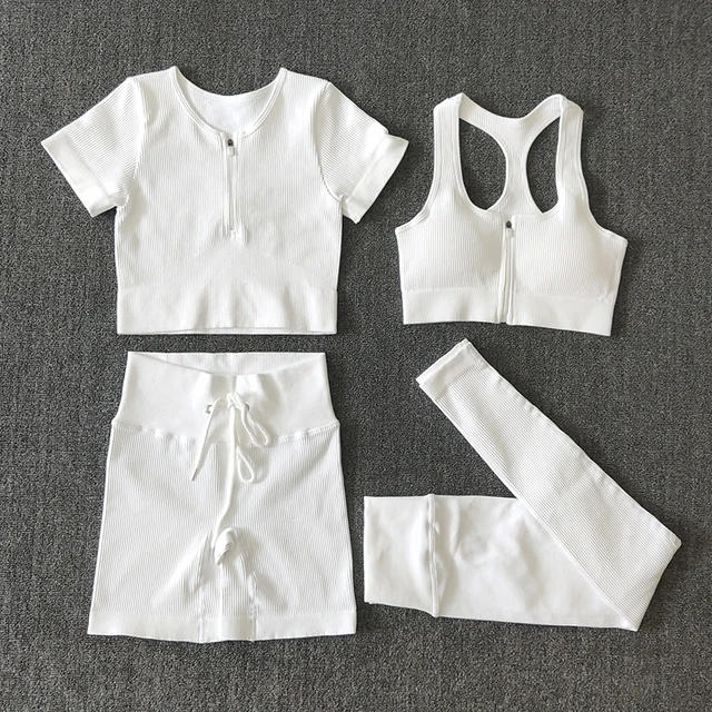 Seamless Women Yoga Set Workout Sportswear Gym Clothing Zipper Long Sleeve High Waist Leggings Fitness Bra Athletic Sports Suits 4PCSWhite