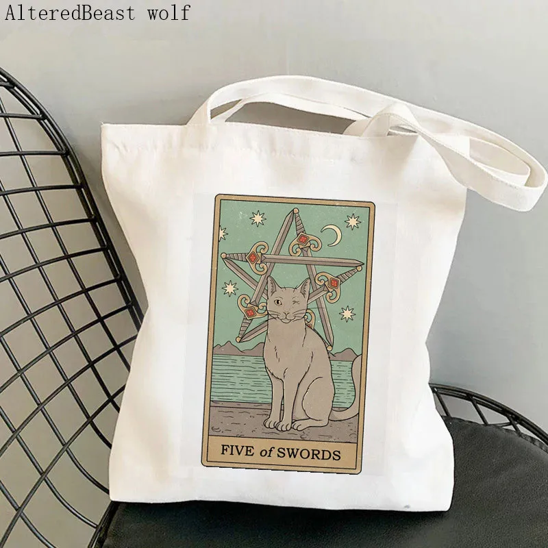 Women Shopper bag Eight of Pentacles cat Tarot Bag Harajuku Shopping Canvas Shopper Bag girl handbag Tote Shoulder Lady Bag