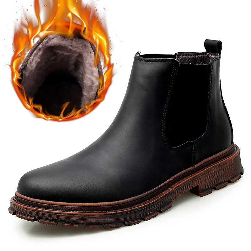 

Fashion Genuine Leather Men Chelsea Boots Winter Outdoor Warm Shoes Comfortable Men Ankle Snow Boots Botas Men Casual Shoes