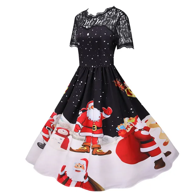 2022 Women's Christmas Dress Short Sleeve Lace Santa Claus Print High Waist Elegant Vintage Winter Xmas Party Clothes Plus Size 2