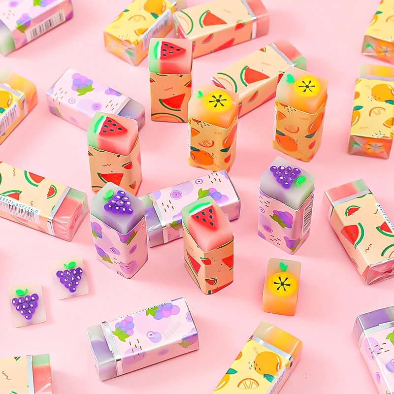 Cute Candy Color Strawberry Fruit Erasers Soft Pencil Erasers For Kids Rubber Toy Stationery Supplies